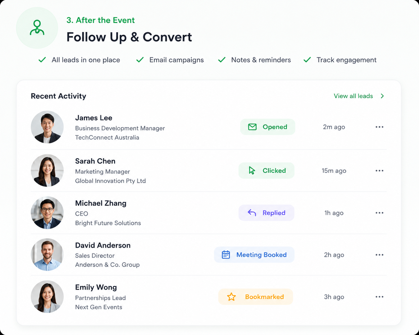 Recent activity and lead follow-up dashboard