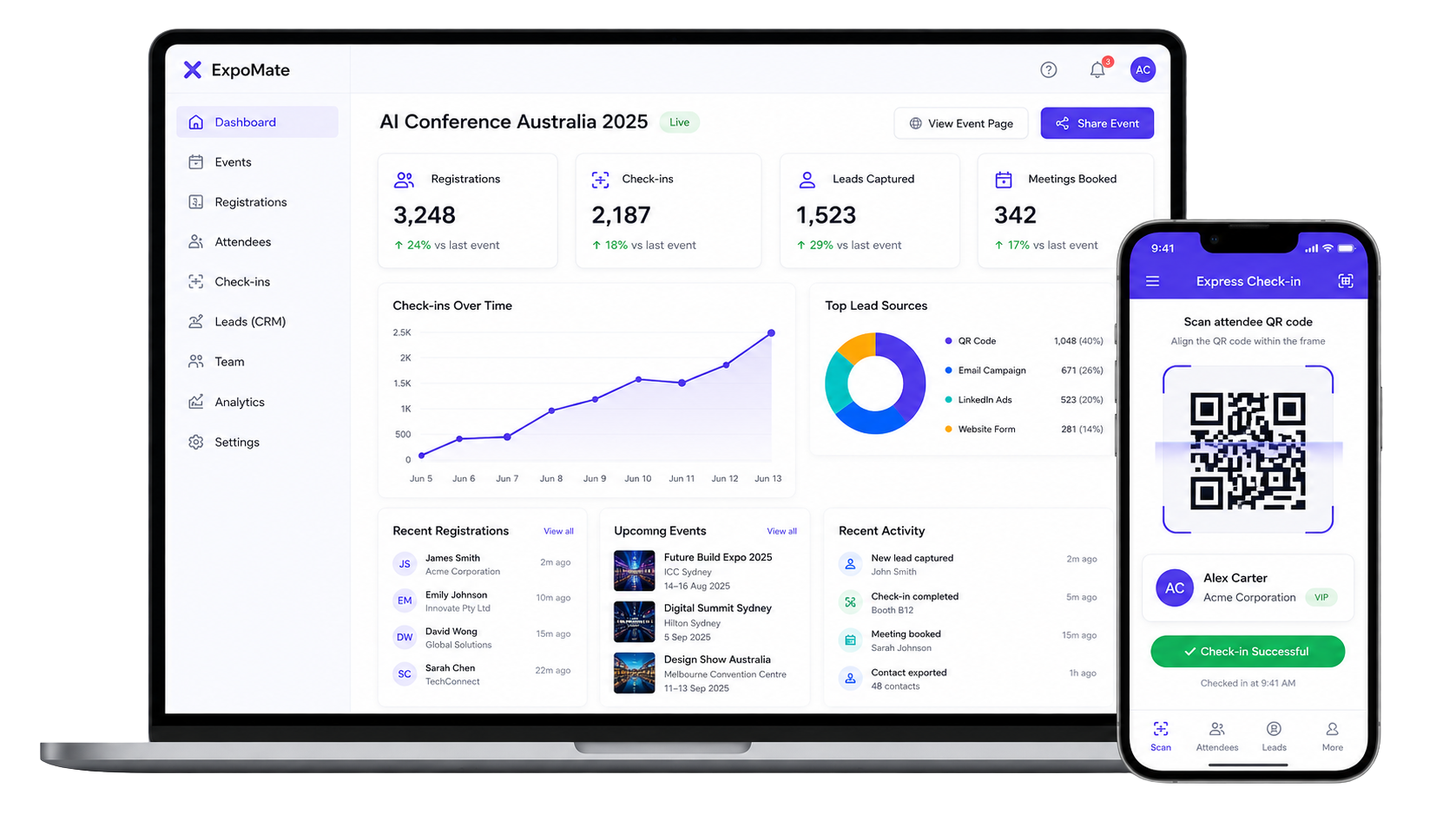 ExpoMate dashboard and digital card product mockup